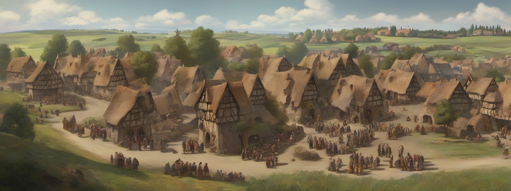 A wide view of an inhabited low-fantasy village